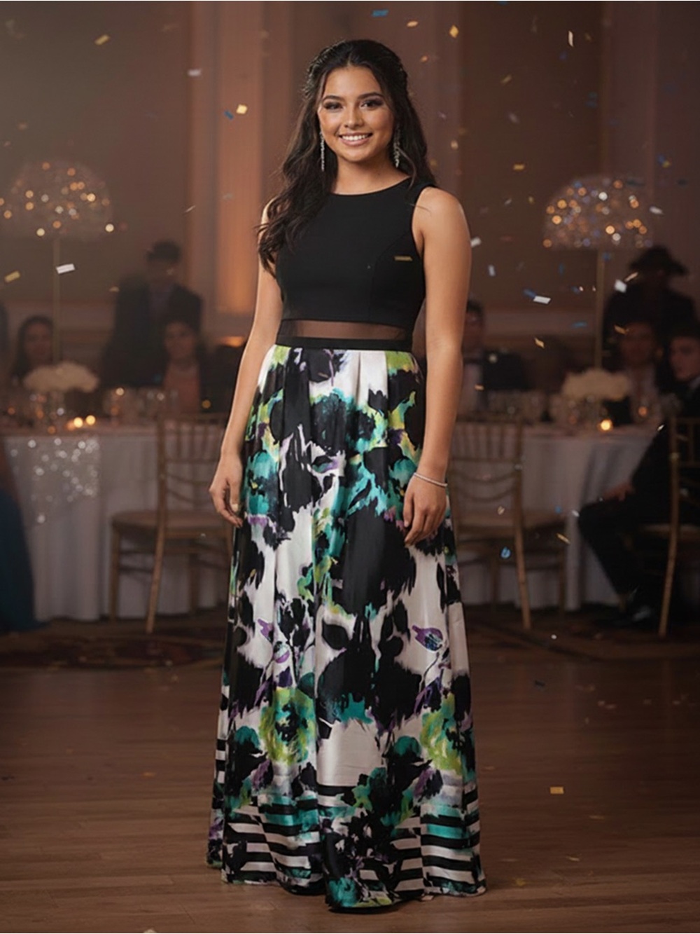 BETSY & ADAM NWT FULL LENGTH BLACK WITH SCREEN MIDRIFF FLOWING PATTERNED DRESS